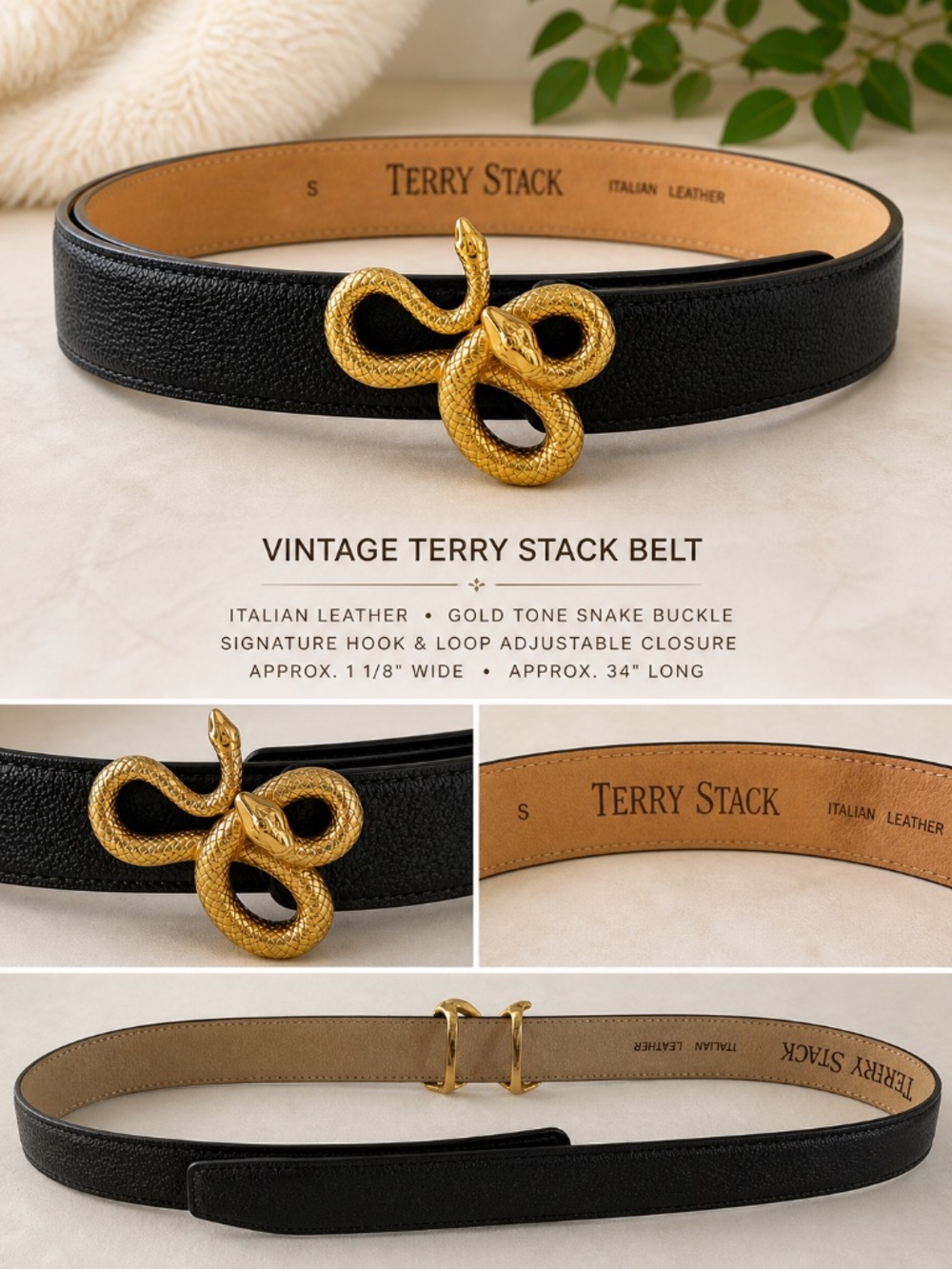 Vintage Terry Stack Black Italian Leather Snake Belt Gold Serpent Buckle Small